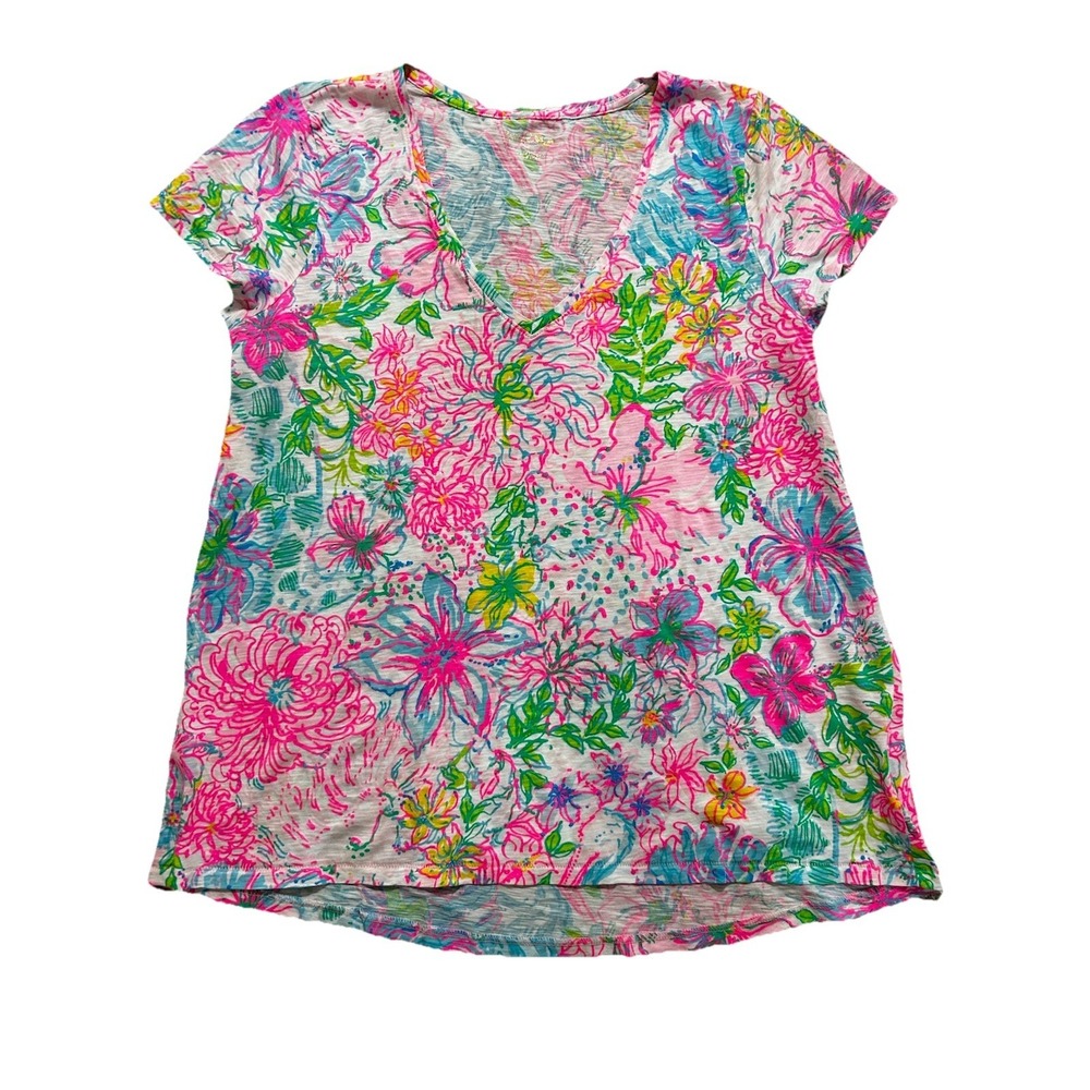 Lilly Pulitzer Women's Large Short V-Neck Sleeve T-Shirt Flowers Pink Tropical